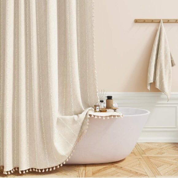 Farmhouse Shower Curtain 60 x 72 Beige White Stitching Fringe Linen Blend Boho - Picture 1 of 14